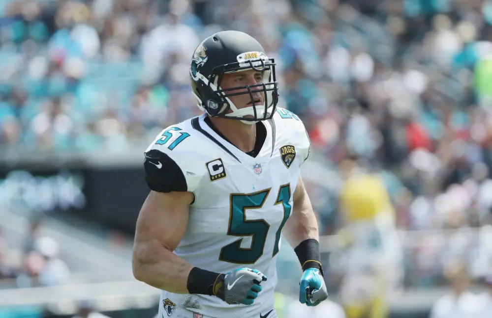 JACKSONVILLE, FL - SEPTEMBER 17: Paul Posluszny #51 of the Jacksonville Jaguars runs off the field during the second half of their game against the Tennessee Titans at EverBank Field on September 17, 2017 in Jacksonville, Florida.