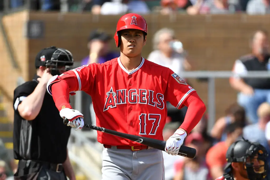 SCOTTSDALE, AZ - MARCH 06: Shohei Ohtani #17 of the Los Angeles Angels reacts while at bat in the fourth inning of the spring training game against the Arizona Diamondbacks at Salt River Fields at Talking Stick on March 6, 2018 in Scottsdale, Arizona.