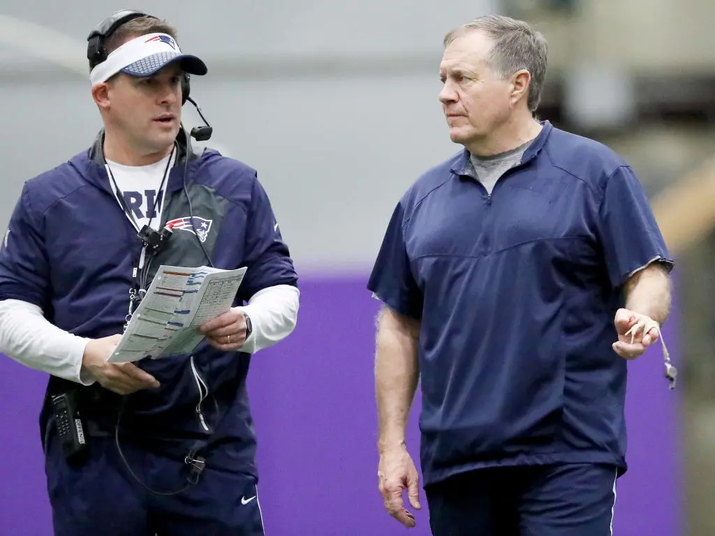 EDEN PRAIRIE, MN - FEBRUARY 02: Offensive coordinator Josh McDaniels and head coach Bill Belichick of the New England Patriots talks during the New England Patriots practice on February 2, 2018 at Winter Park in Eden Prairie, Minnesota. The New England Patriots will play the Philadelphia Eagles in Super Bowl LII on February 4.