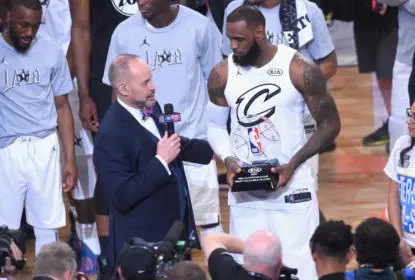 LOS ANGELES, CA - FEBRUARY 18: LeBron James #23 accepts the MVP award from TNT sportscaster Ernie Johnson Jr. during the NBA All-Star Game 2018 at Staples Center on February 18, 2018 in Los Angeles, California.