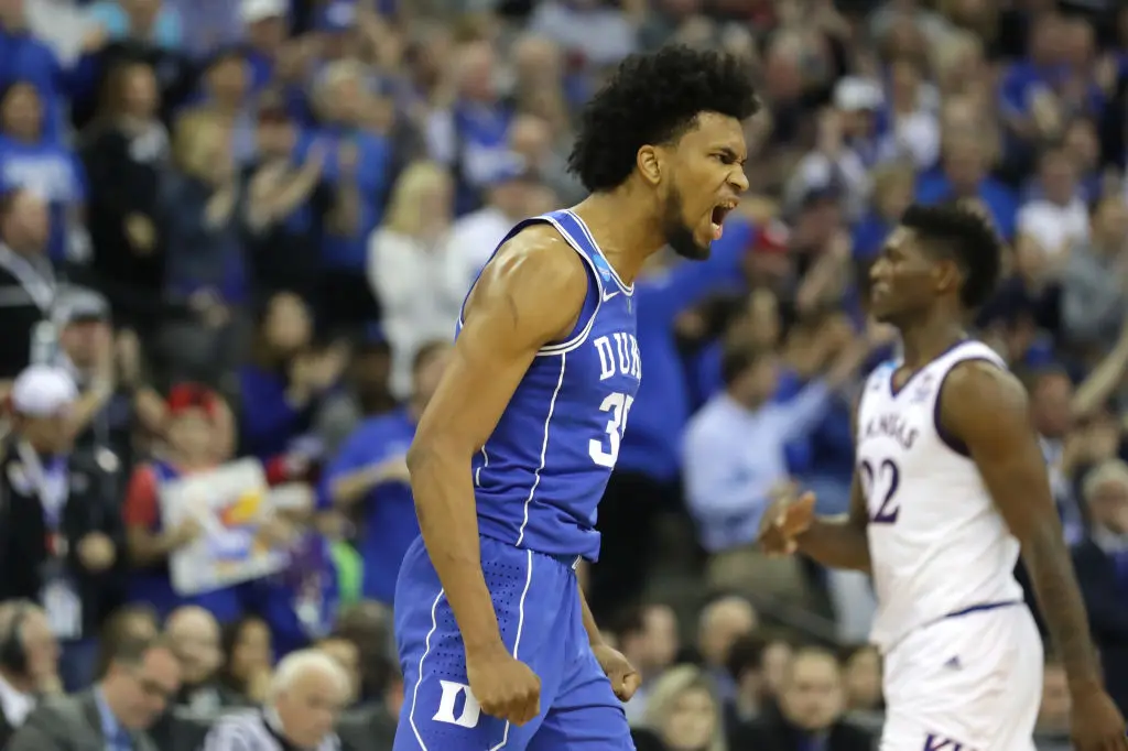 Marvin Bagley III #35 of the Duke Blue Devils celebrates a three point basket against the Kansas Jayhawks during the second half in the 2018 NCAA Men's Basketball Tournament Midwest Regional at CenturyLink Center on March 25, 2018 in Omaha, Nebraska.