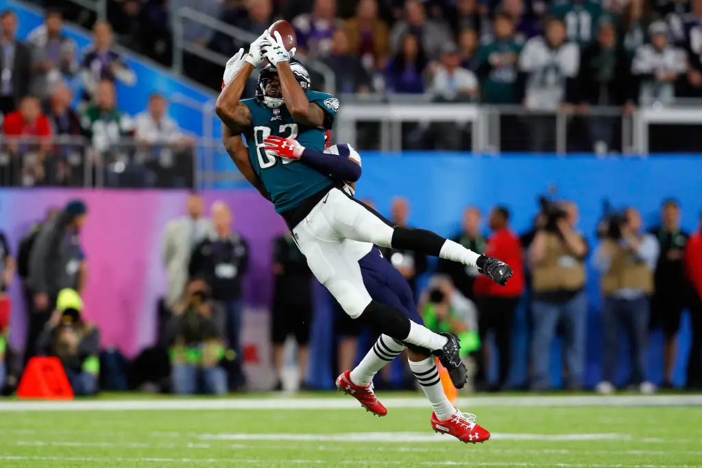 Torrey Smith #82 of the Philadelphia Eagles catches a 15-yard reception during the first quarter against the New England Patriots in Super Bowl LII at U.S. Bank Stadium on February 4, 2018 in Minneapolis, Minnesota.