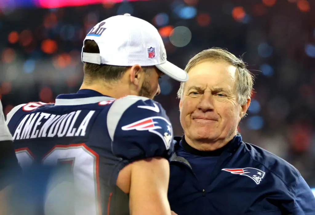 FOXBOROUGH, MA - JANUARY 21:  Danny Amendola #80 of the New England Patriots celebrates with head coach Bill Belichick after winning the AFC Championship Game against the Jacksonville Jaguars at Gillette Stadium on January 21, 2018 in Foxborough, Massachusetts.  (Photo by Adam Glanzman/Getty Images)