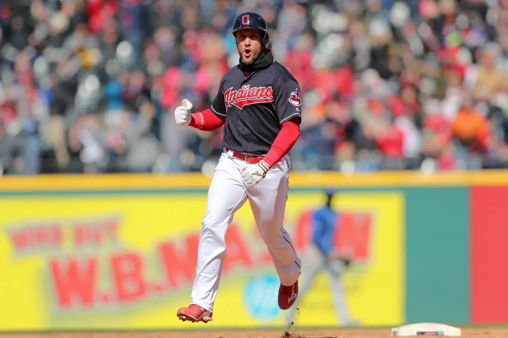 Cleveland Indians catcher Yan Gomes (7) celebrates as he rounds the bases after hitting a 2-run walk-off home run during the ninth inning of the Major League Baseball game between the Kansas City Royals and Cleveland Indians on April 8, 2018, at Progressive Field in Cleveland, OH. Cleveland defeated Kansas City 3-2.