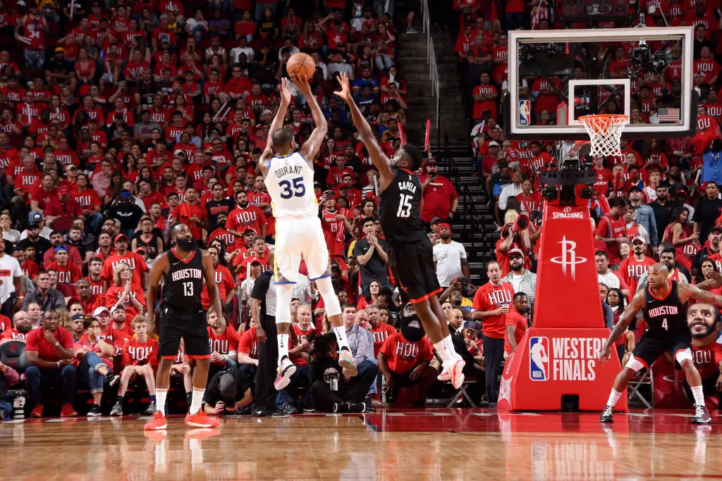 HOUSTON, TX - MAY 14: Kevin Durant #35 of the Golden State Warriors shoots the ball against the Houston Rockets during Game One of the Western Conference Finals of the 2018 NBA Playoffs on May 14, 2018 at the Toyota Center in Houston, Texas