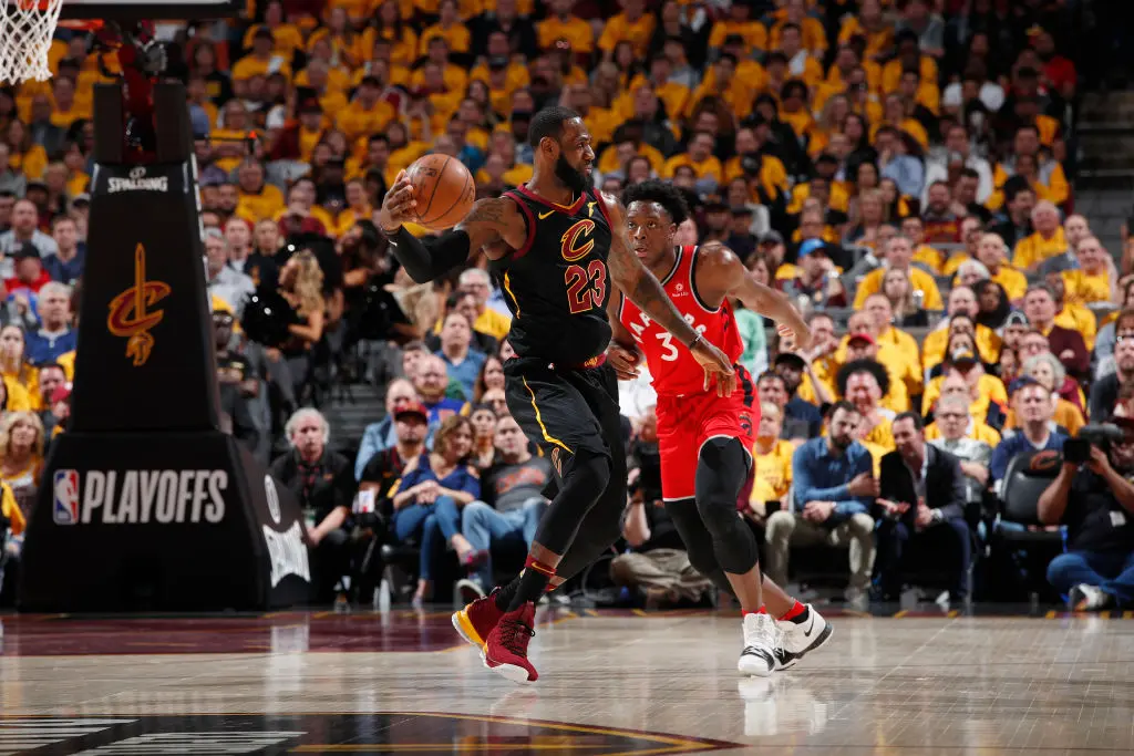 CLEVELAND, OH - MAY 7: LeBron James #23 of the Cleveland Cavaliers handles the ball against the Toronto Raptors during Game Four of the Eastern Conference Semifinals of the 2018 NBA Playoffs on May 7, 2018 at Quicken Loans Arena in Cleveland, Ohio
