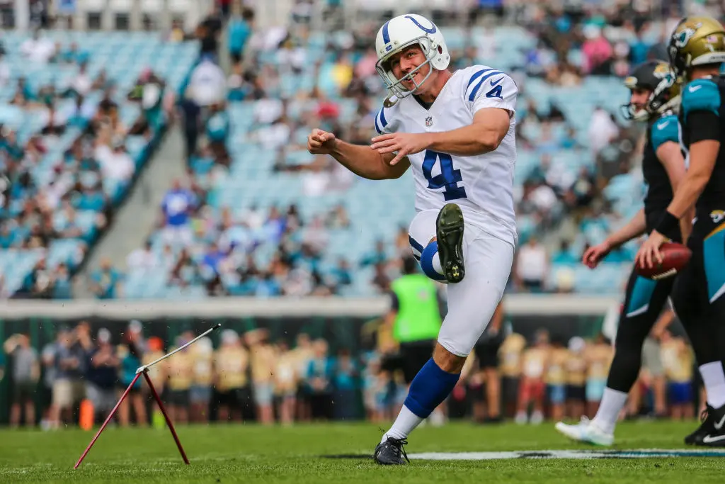 JACKSONVILLE, FL - DECEMBER 03: Indianapolis Colts kicker Adam Vinatieri (4) warms up during the game between the Indianapolis Colts and the Jacksonville Jaguars on December 3, 2017 at EverBank Field in Jacksonville, Fl