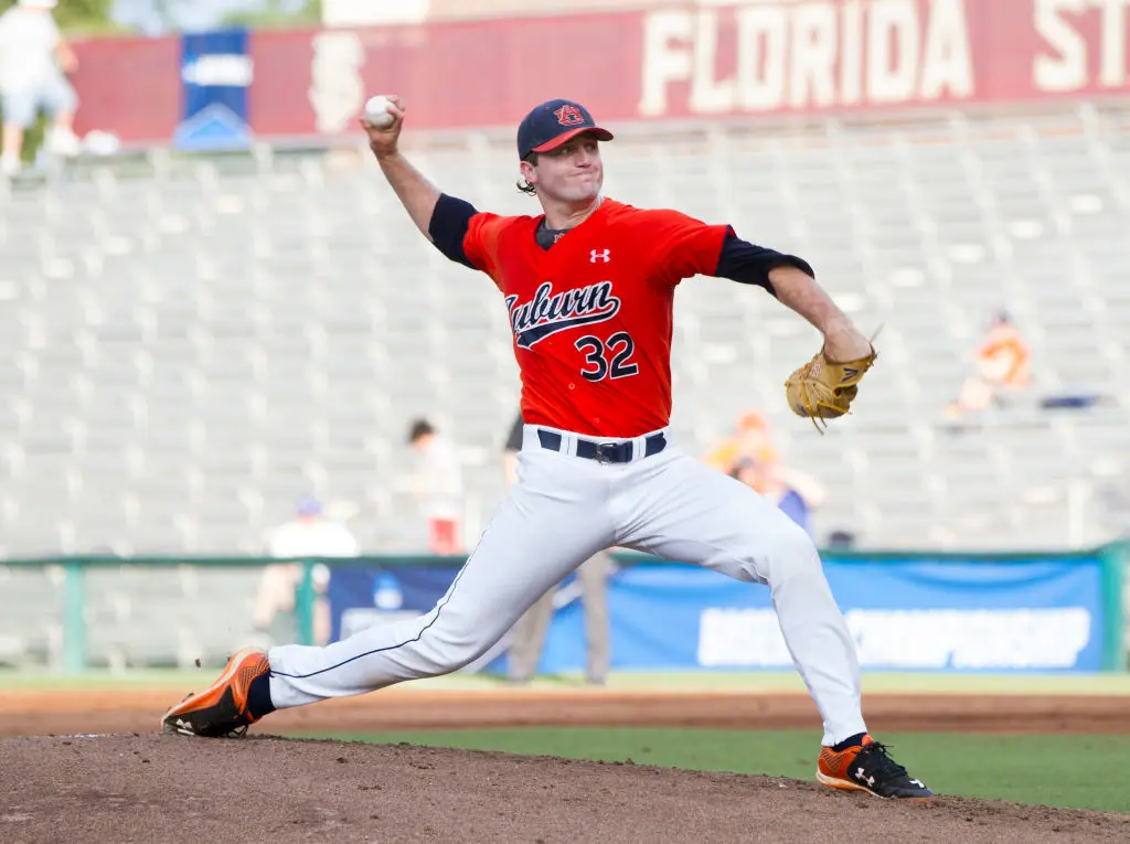 Auburn starting pitcher Casey Mize (32) pitches during the game between the Tennessee Tech Golden Eagles and the Auburn Tigers at Dick Howser Stadium