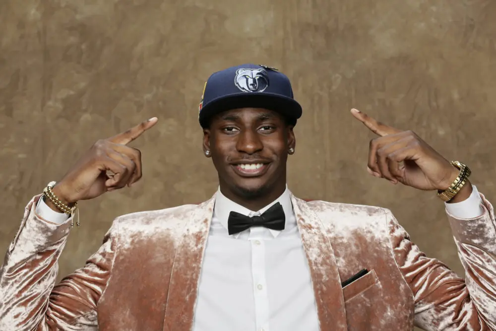 BROOKLYN, NY - JUNE 21: Jaren Jackson Jr. poses for a portrait after being drafted by the Memphis Grizzlies during the 2018 NBA Draft on June 21, 2018 at Barclays Center in Brooklyn, New York
