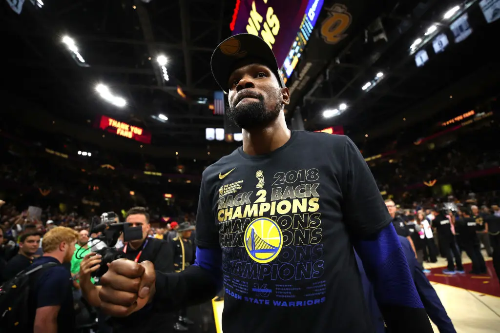 Kevin Durant #35 of the Golden State Warriors celebrates after defeating the Cleveland Cavaliers during Game Four of the 2018 NBA Finals at Quicken Loans Arena