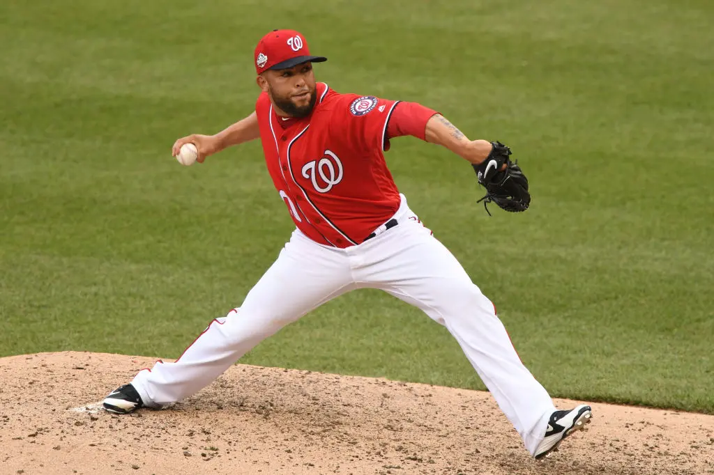 WASHINGTON, DC - JUNE 23: Kelvin Herrera #40 of the Washington Nationals pitches during a baseball game against the Philadelphia Phillies at Nationals Park on June 23, 2018 in Washington, DC