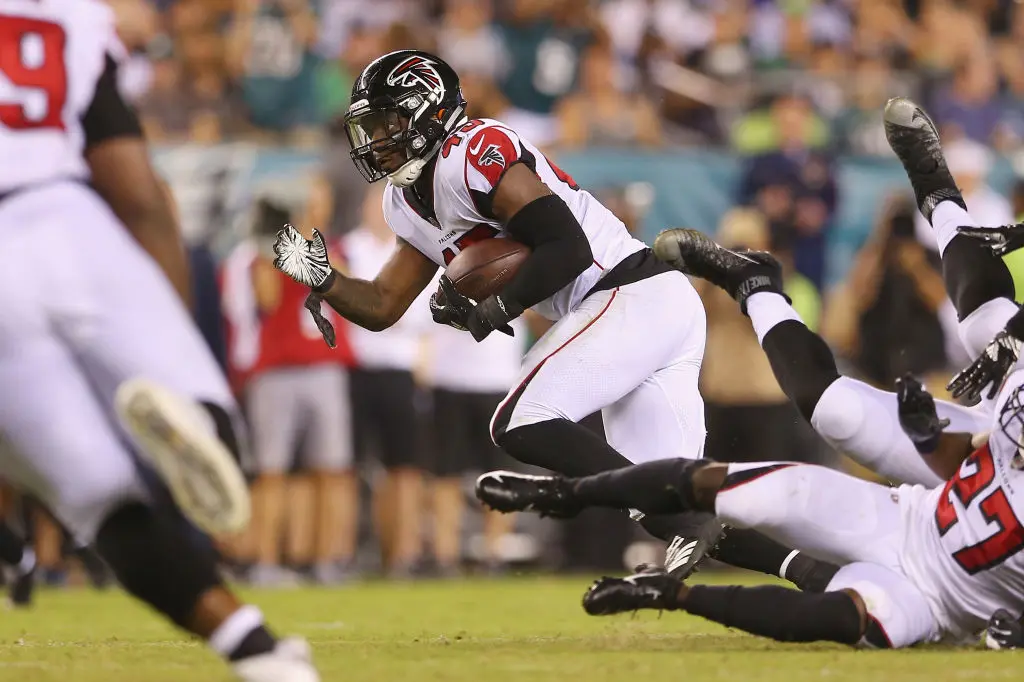 Deion Jones #45 of the Atlanta Falcons runs after intercepting a pass during the second half at Lincoln Financial Field on September 6, 2018 in Philadelphia, Pennsylvania