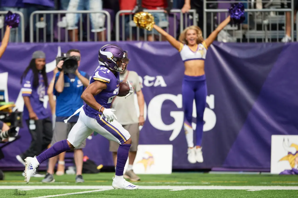 MINNEAPOLIS, MN - SEPTEMBER 09: Mike Hughes #21 of the Minnesota Vikings carries the ball after an interception for a touchdown against the San Francisco 49ers during the game on September 9, 2018 at U.S. Bank Stadium in Minneapolis, Minnesota. The Vikings defeated the 49ers 24-16
