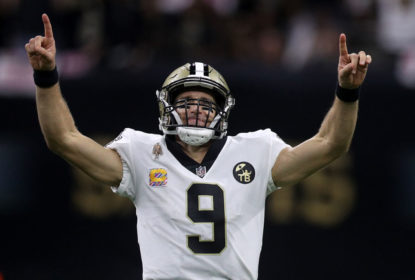 NEW ORLEANS, LA - OCTOBER 08: Drew Brees #9 of the New Orleans Saints reacts after throwing a 62 yard pass to take the all time yardage record against the Washington Redskins at Mercedes-Benz Superdome on October 8, 2018 in New Orleans, Louisiana