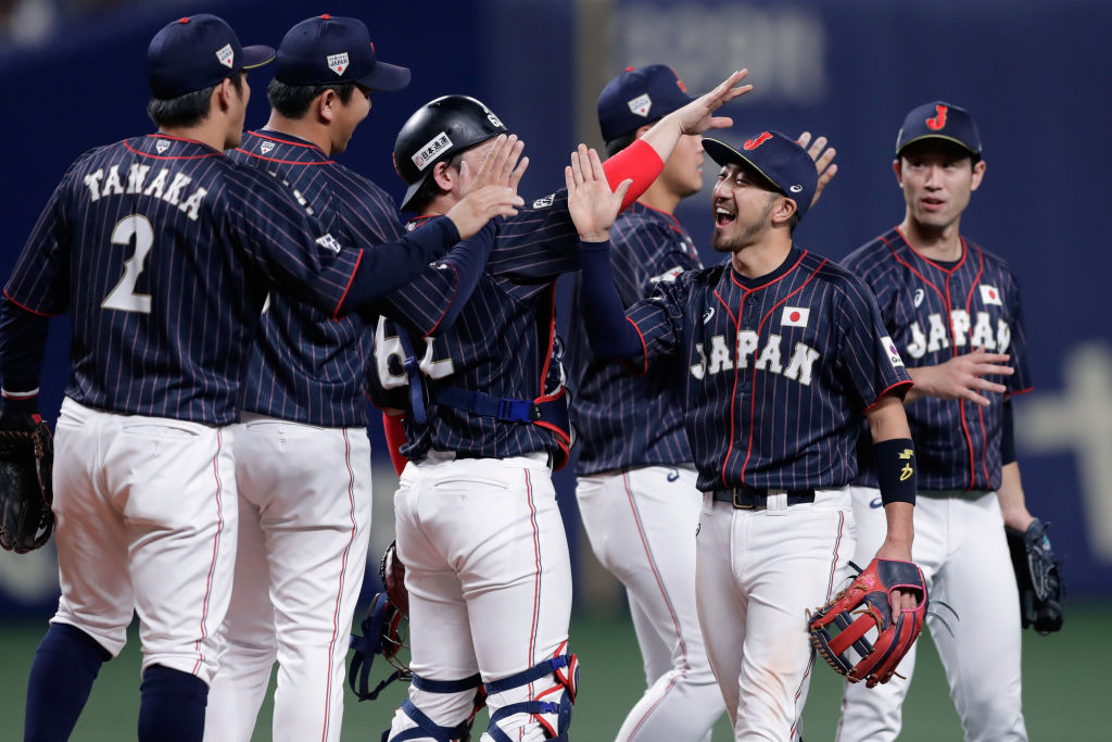 NAGOYA, JAPAN - NOVEMBER 15: Japanese players celebrate after the game six between Japan and MLB All Stars at Nagoya Dome on November 15, 2018 in Nagoya, Aichi, Japan.