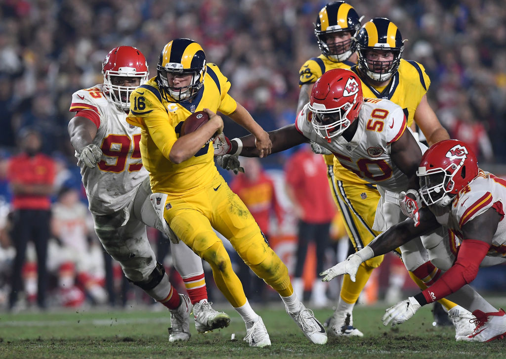 LOS ANGELES, CA - NOVEMBER 19: Quarterback Jared Goff #16 of the Los Angeles Rams is sacked during the third quarter of the game against the Kansas City Chiefs at Los Angeles Memorial Coliseum on November 19, 2018 in Los Angeles, California