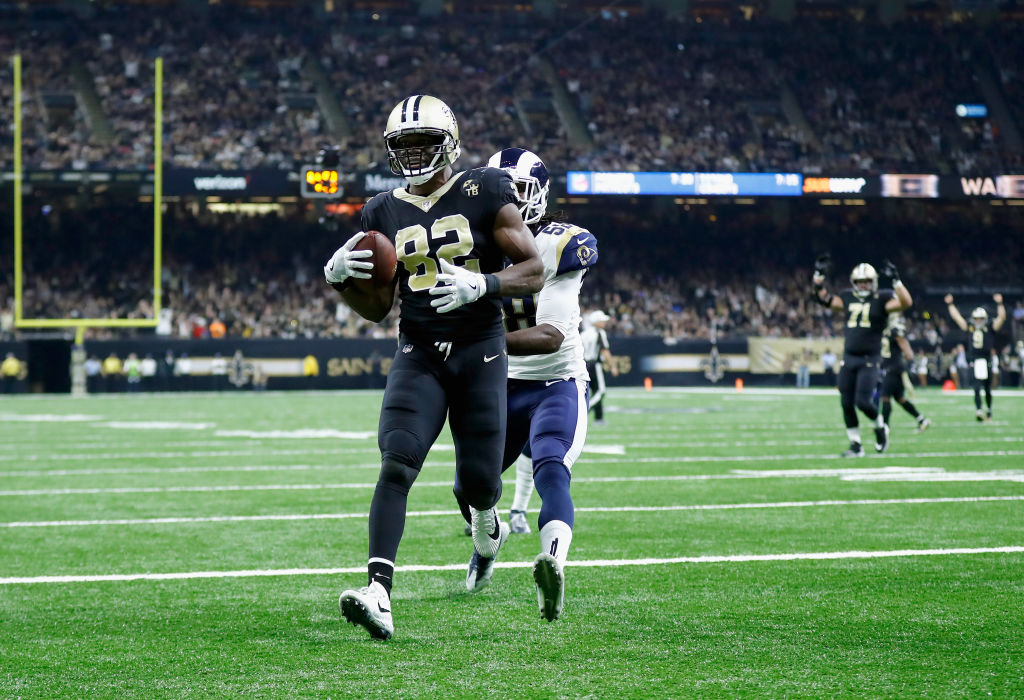 NEW ORLEANS, LA - NOVEMBER 04: Benjamin Watson #82 of the New Orleans Saints catches a touchdown pass from quarterback Drew Brees #9 during the second quarter of the game against the Los Angeles Rams at Mercedes-Benz Superdome on November 4, 2018 in New Orleans, Louisiana