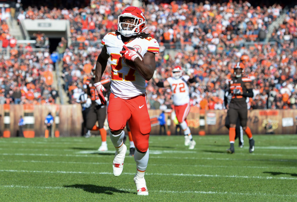 CLEVELAND, OH - NOVEMBER 4, 2018: Running back Kareem Hunt #27 of the Kansas City Chiefs carries the ball in the first quarter of a game against the Cleveland Browns on November 4, 2018 at FirstEnergy Stadium in Cleveland, Ohio. Hunt scored on the play. Kansas City won 37-21