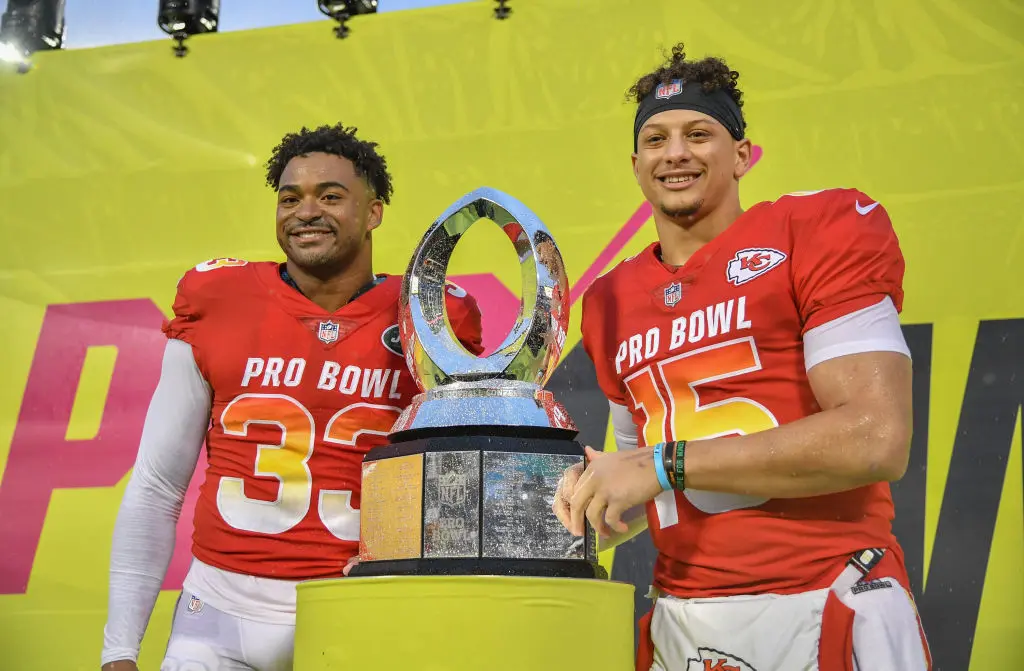 ORLANDO, FL - JANUARY 27: Jamal Adams #33 of the New York Jets and Patrick Mahomes #15 of the Kansas City Chiefs are names Co-MVP's after the 2019 NFL Pro Bowl at Camping World Stadium on January 27, 2019 in Orlando, Florida