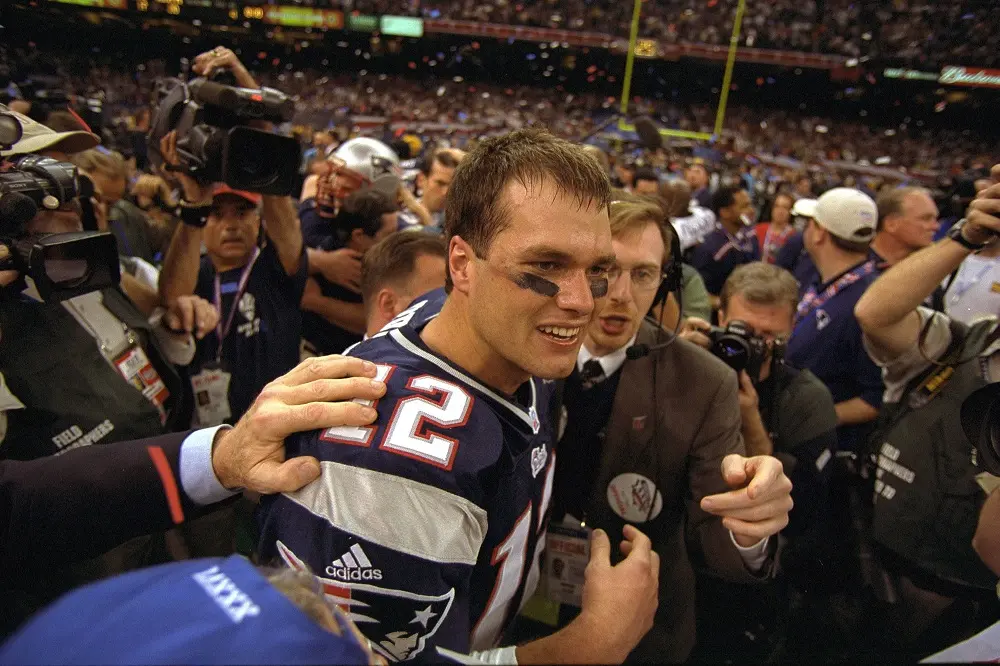 3 Feb 20002: Tom Brady of the New England Patriots celebrates after the Pats victory over the St. Louis Rams in Super Bowl XXXVI at the Super Dome in New Orleans, LA
