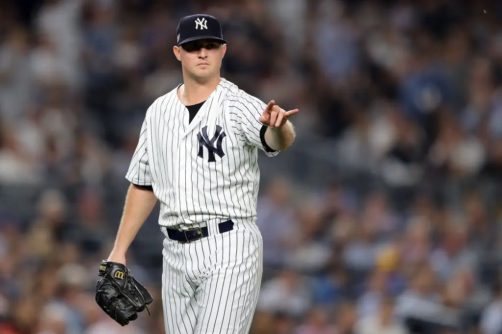NEW YORK, NEW YORK - OCTOBER 09: Zach Britton #53 of the New York Yankees reacts in the fourth inning against the Boston Red Sox during Game Four American League Division Series at Yankee Stadium on October 09, 2018 in the Bronx borough of New York City
