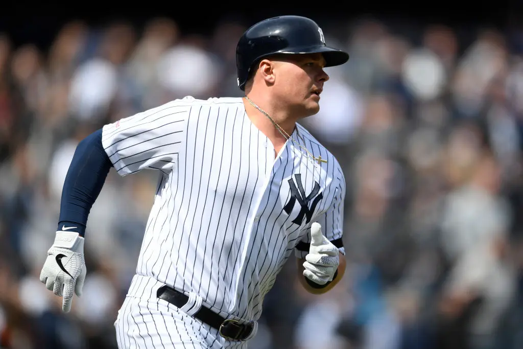 NEW YORK, NEW YORK - MARCH 28: Luke Voit #45 of the New York Yankees runs the bases after hitting a home run during the first inning of the game against the Baltimore Orioles on Opening Day at Yankee Stadium on March 28, 2019 in the Bronx borough of New York City