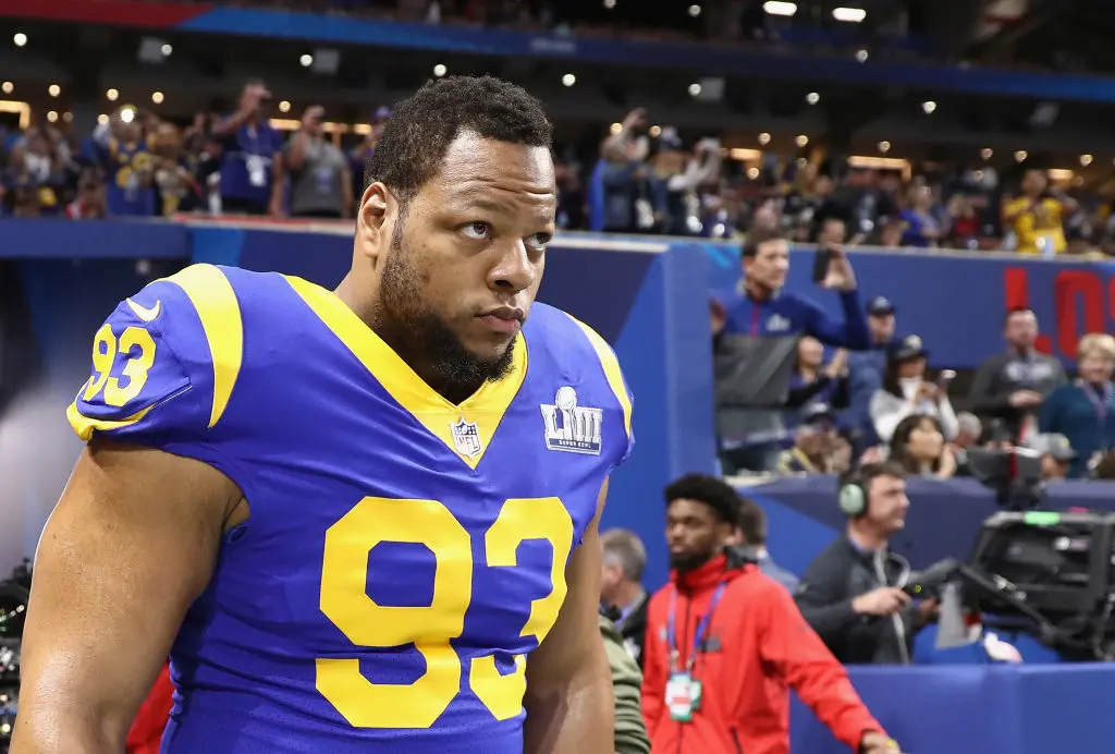 ATLANTA, GA - FEBRUARY 03:  Ndamukong Suh #93 of the Los Angeles Rams enters the field during warmups prior to Super Bowl LIII against the New England Patriots at Mercedes-Benz Stadium on February 3, 2019 in Atlanta, Georgia