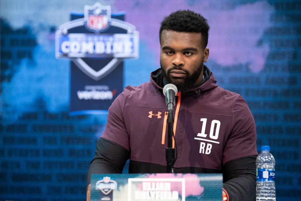 INDIANAPOLIS, IN - FEBRUARY 28: Georgia running back Elijah Holyfield answers questions from the media during the NFL Scouting Combine on February 28, 2019 at the Indiana Convention Center in Indianapolis, IN