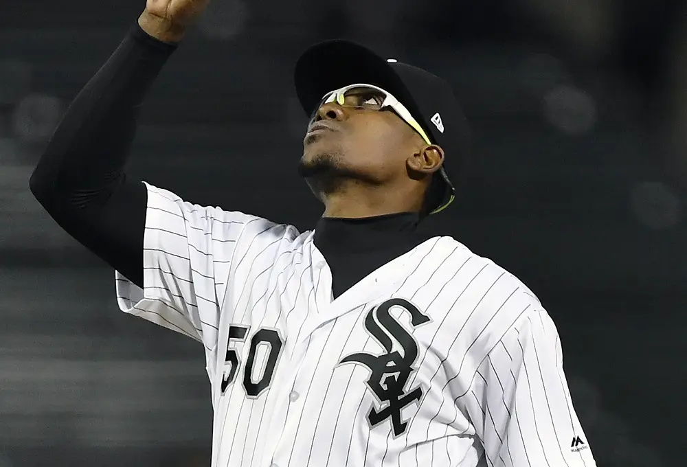 CHICAGO, IL - May 1: Chicago White Sox relief pitcher Thyago Vieira (50) reacts after leaving the mound against the Baltimore Orioles on May 1, 2019 in game 2 of a doubleheader at Guaranteed Rate Field in Chicago, Illinois. 