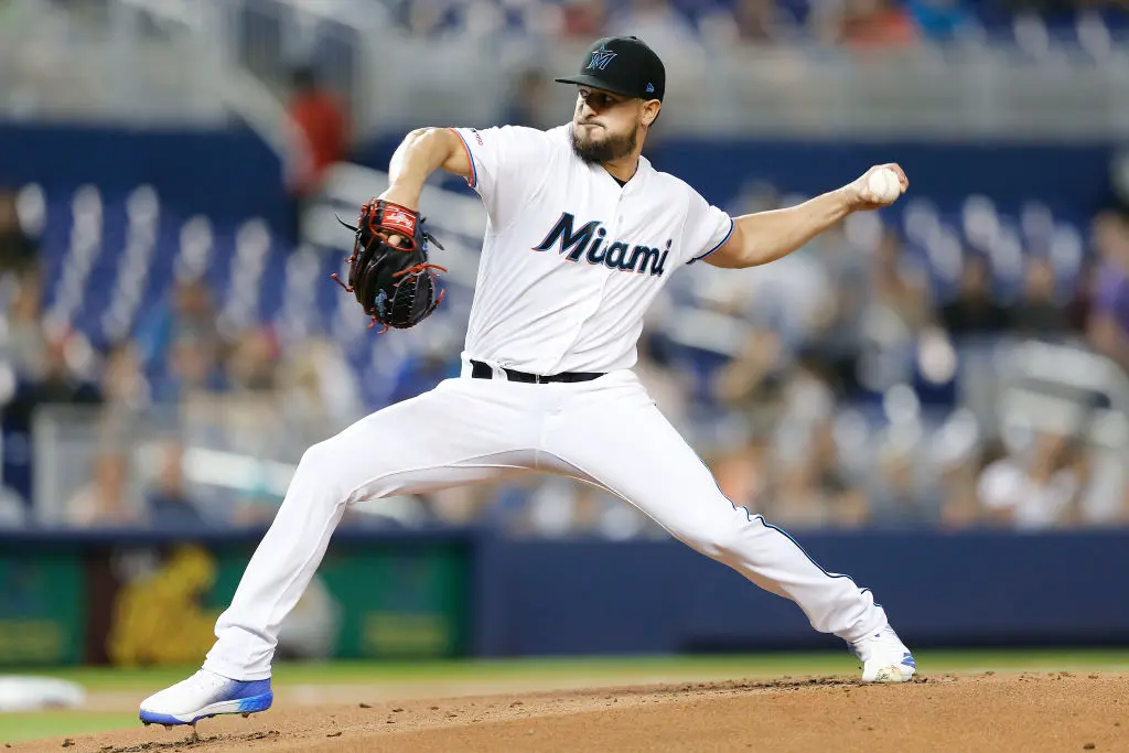 MIAMI, FLORIDA - MAY 14: Caleb Smith #31 of the Miami Marlins delivers a pitch in the first inning against the Tampa Bay Rays at Marlins Park on May 14, 2019 in Miami, Florida