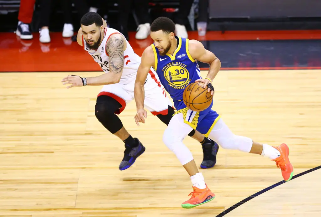 TORONTO, ONTARIO - JUNE 02: Stephen Curry #30 of the Golden State Warriors is defended by Fred VanVleet #23 of the Toronto Raptors in the second half during Game Two of the 2019 NBA Finals at Scotiabank Arena on June 02, 2019 in Toronto, Canada