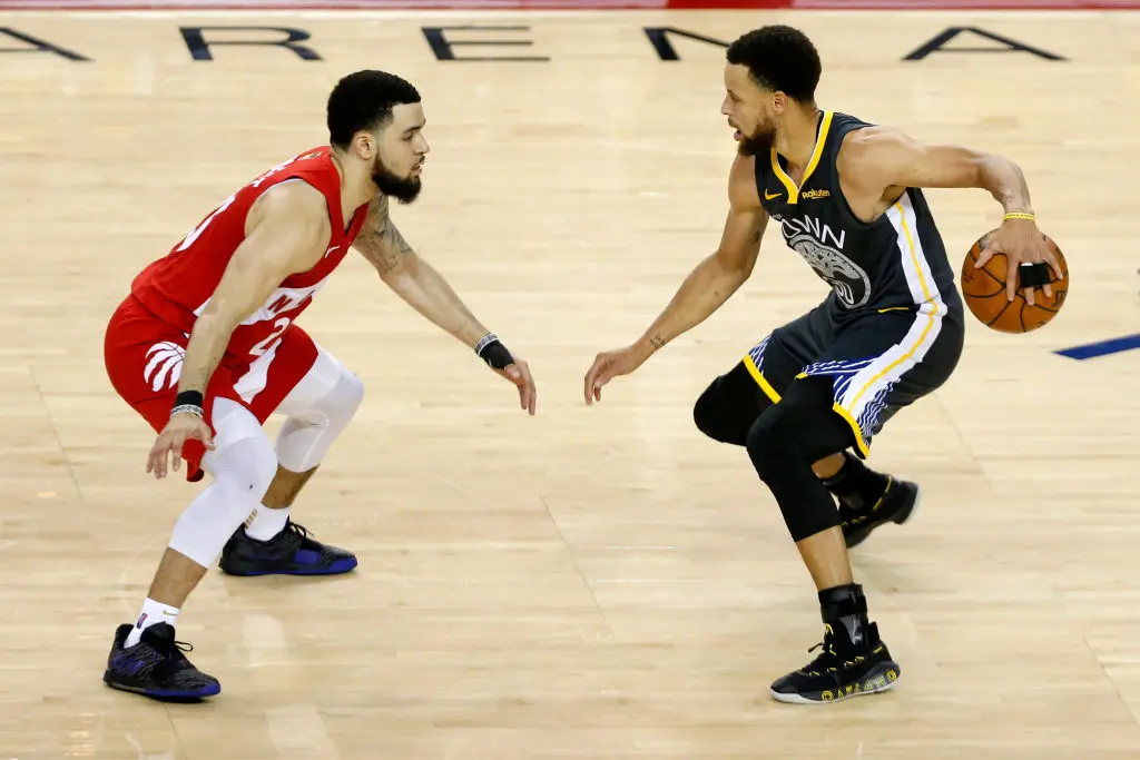 OAKLAND, CALIFORNIA - JUNE 07: Stephen Curry #30 of the Golden State Warriors is defended by Fred VanVleet #23 of the Toronto Raptors in the second half during Game Four of the 2019 NBA Finals at ORACLE Arena on June 07, 2019 in Oakland, California