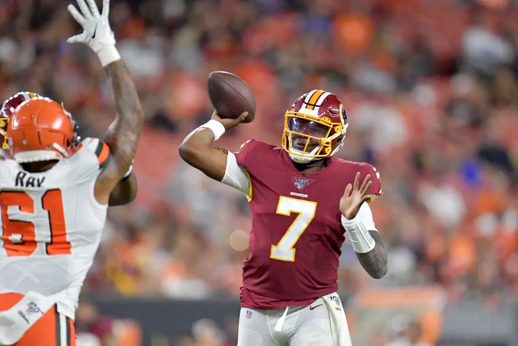 CLEVELAND, OHIO - AUGUST 08: Quarterback Dwayne Haskins #7 of the Washington Redskins passes during the second half of a preseason game against the Cleveland Browns at FirstEnergy Stadium on August 08, 2019 in Cleveland, Ohio. The Browns defeated the Redskins 30-10