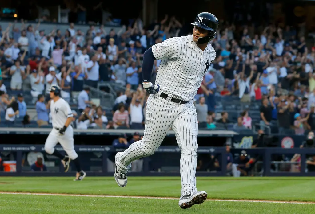 NEW YORK, NEW YORK - AUGUST 02: Gleyber Torres #25 of the New York Yankees runs the bases after his first inning grand slam home run against the Boston Red Sox at Yankee Stadium on August 02, 2019 in New York City