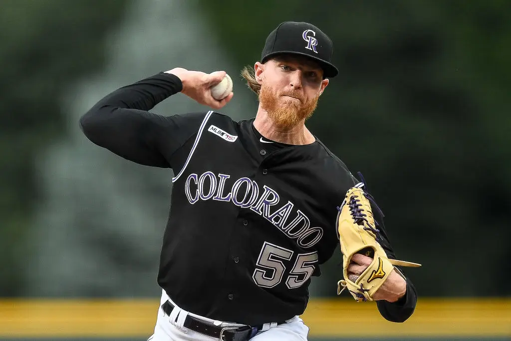 DENVER, CO - AUGUST 16: Jon Gray #55 of the Colorado Rockies pitches against the Miami Marlins in the first inning of a game at Coors Field on August 16, 2019 in Denver, Colorado