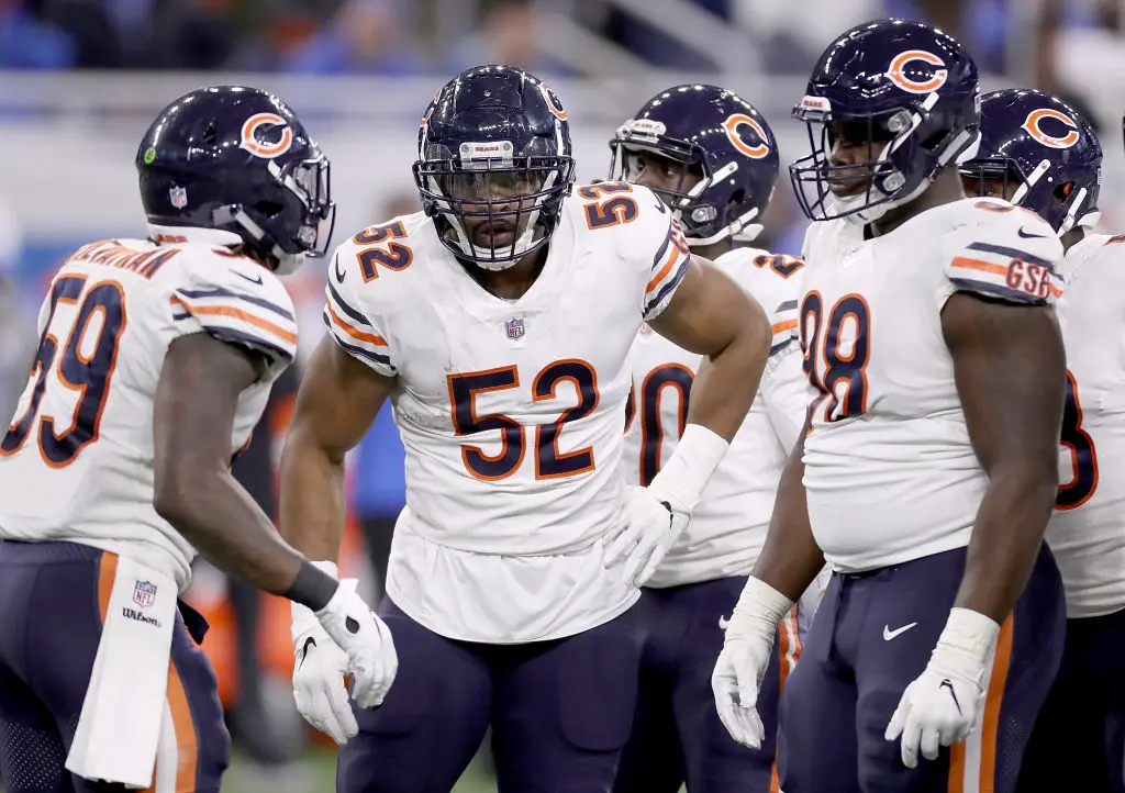 DETROIT, MI - NOVEMBER 22: Danny Trevathan #59, Khalil Mack #52 and Bilal Nichols #98 of the Chicago Bears defense huddle on the field against the Detroit Lions during the first half at Ford Field on November 22, 2018 in Detroit, Michigan.