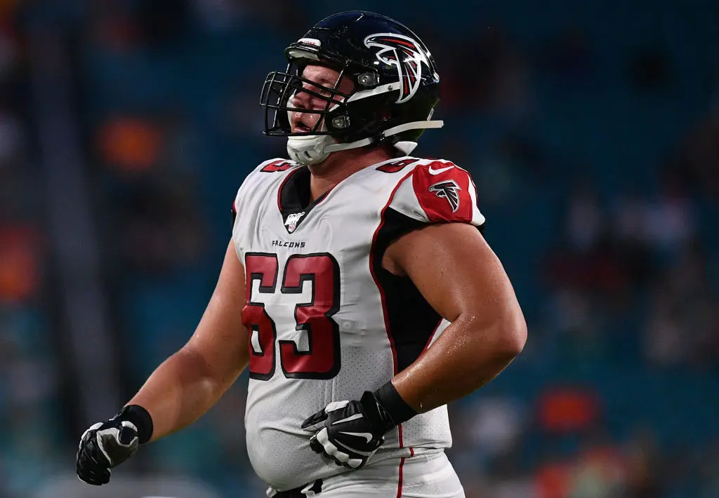 MIAMI, FL - AUGUST 08: Chris Lindstrom #63 of the Atlanta Falcons lines up in the first quarter during a preseason game against the Miami Dolphins at Hard Rock Stadium on August 8, 2019 in Miami, Florida