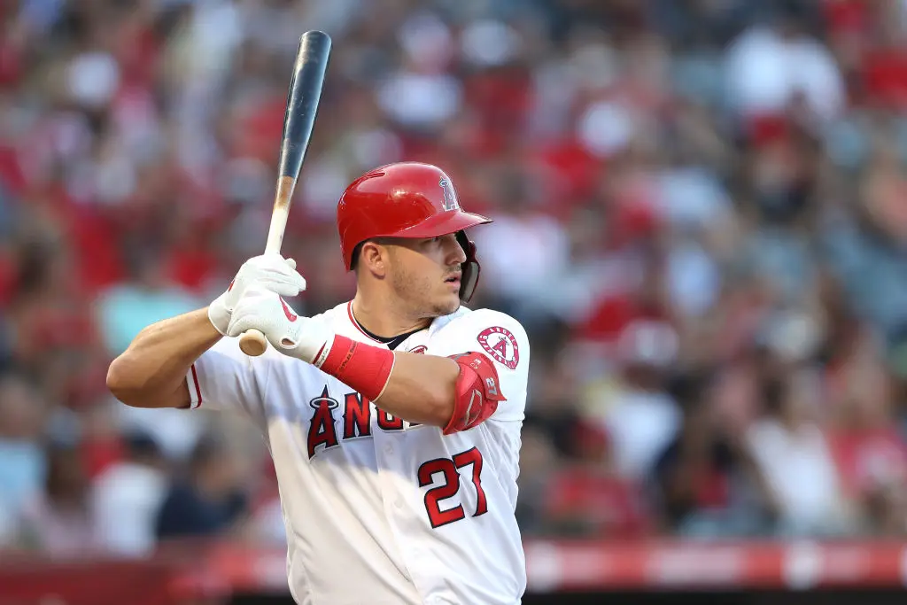 ANAHEIM, CALIFORNIA - AUGUST 31: Mike Trout #27 of the Los Angeles Angels of Anaheim at bat during a game against the Boston Red Sox at Angel Stadium of Anaheim on August 31, 2019 in Anaheim, California