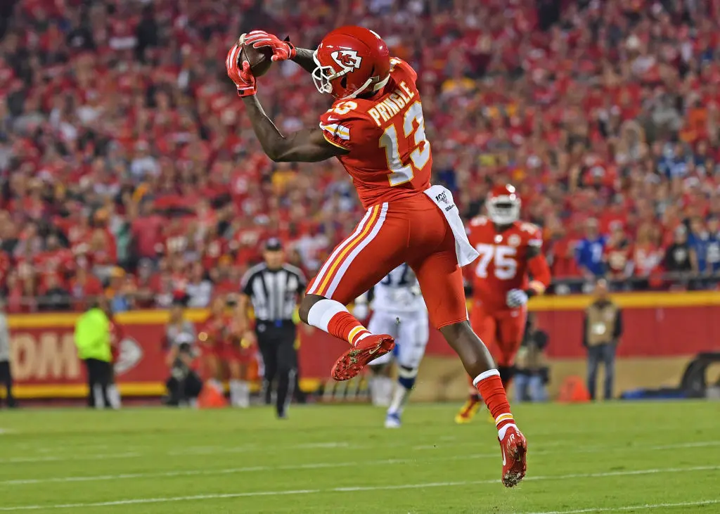 KANSAS CITY, MO - OCTOBER 06: Wide receiver Byron Pringle #13 of the Kansas City Chiefs catches a pass against the Indianapolis Colts during the first half at Arrowhead Stadium on October 6, 2019 in Kansas City, Missouri