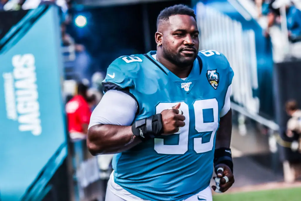 JACKSONVILLE, FLORIDA - OCTOBER 13: Marcell Dareus #99 of the Jacksonville Jaguars runs onto the field to face the New Orleans Saints at TIAA Bank Field on October 13, 2019 in Jacksonville, Florida
