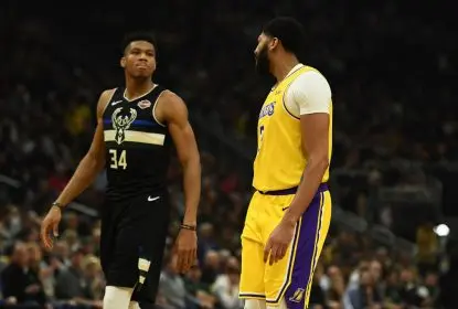 MILWAUKEE, WISCONSIN - DECEMBER 19: Anthony Davis #3 of the Los Angeles Lakers and Giannis Antetokounmpo #34 of the Milwaukee Bucks reacts to an officials call during a game at Fiserv Forum on December 19, 2019 in Milwaukee, Wisconsin