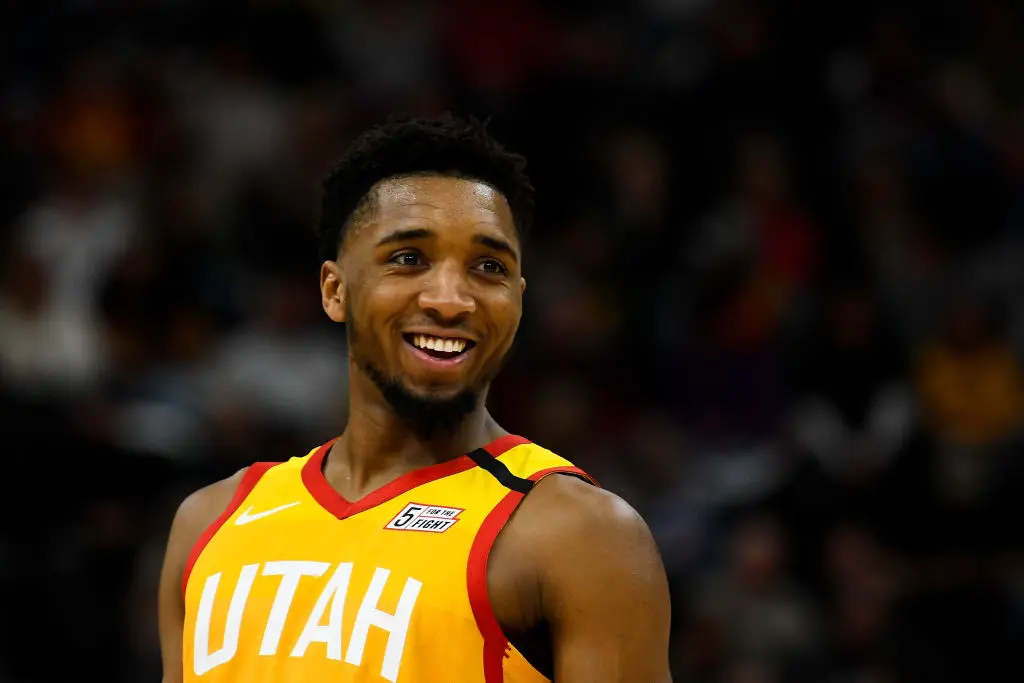 SALT LAKE CITY, UT - JANUARY 10: Donovan Mitchell #45 of the Utah Jazz looks on during a game against the Charlotte Hornets at Vivint Smart Home Arena on January 10, 2019 in Salt Lake City, Utah
