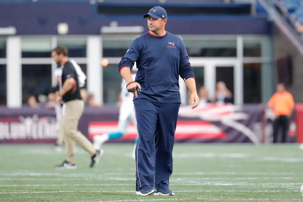 FOXBOROUGH, MA - AUGUST 22: New England Patriots special teams coordinator / wide receivers coach Joe Judge before a preseason game between the New England Patriots and the Carolina Panthers on August 22, 2019, at Gillette Stadium in Foxborough, Massachusetts