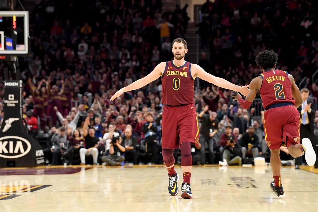 CLEVELAND, OHIO - JANUARY 02: Kevin Love #0 celebrates with Collin Sexton #2 of the Cleveland Cavaliers after Sexton scored during the second half against the Charlotte Hornets at Rocket Mortgage Fieldhouse on January 02, 2020 in Cleveland, Ohio. The Hornets defeated the Cavaliers 109-106