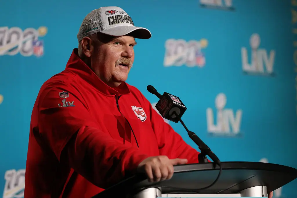 MIAMI, FLORIDA - FEBRUARY 02: Head coach Andy Reid of the Kansas City Chiefs talks to press after defeating San Francisco 49ers by 31 - 20 in Super Bowl LIV at Hard Rock Stadium on February 02, 2020 in Miami, Florida