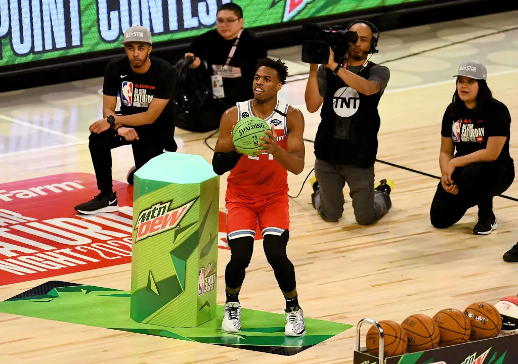 CHICAGO, ILLINOIS - FEBRUARY 15: Buddy Hield #24 of the Sacramento Kings attempts a shot in the 2020 NBA All-Star - MTN DEW 3-Point Contest during State Farm All-Star Saturday Night at the United Center on February 15, 2020 in Chicago, Illinois