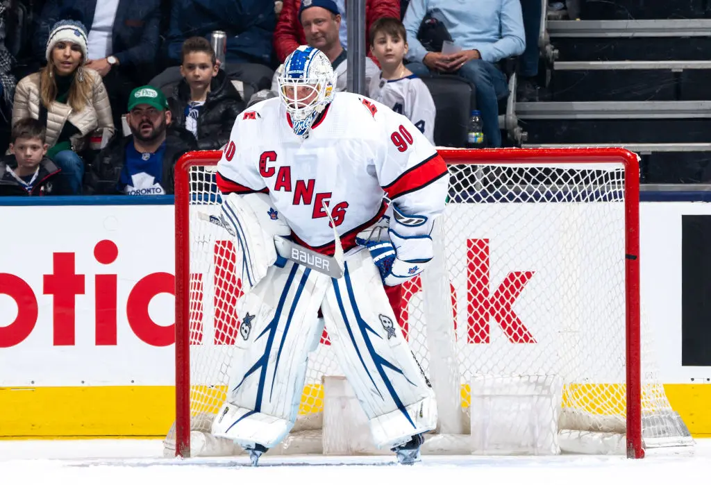 TORONTO, ON - FEBRUARY 22: Emergency backup goaltender Dave Ayres #90 of the Carolina Hurricanes looks on against the -Toronto Maple Leafs during the third period at the Scotiabank Arena on February 22, 2020 in Toronto, Ontario, Canada