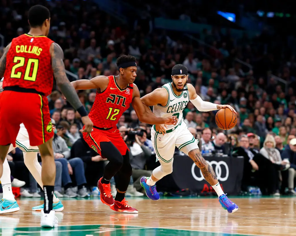 BOSTON, MASSACHUSETTS - FEBRUARY 07: Jayson Tatum #0 of the Boston Celtics drives to the basket during the fourth quarter of the game against the Atlanta Hawks at TD Garden on February 07, 2020 in Boston, Massachusetts