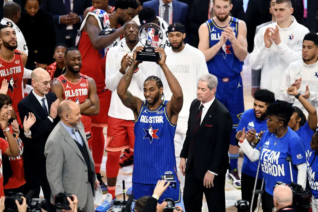 CHICAGO, ILLINOIS - FEBRUARY 16: Kawhi Leonard #2 of Team LeBron celebrates with the trophy after being named the Kobe Bryant MVP during the 69th NBA All-Star Game at the United Center on February 16, 2020 in Chicago, Illinois