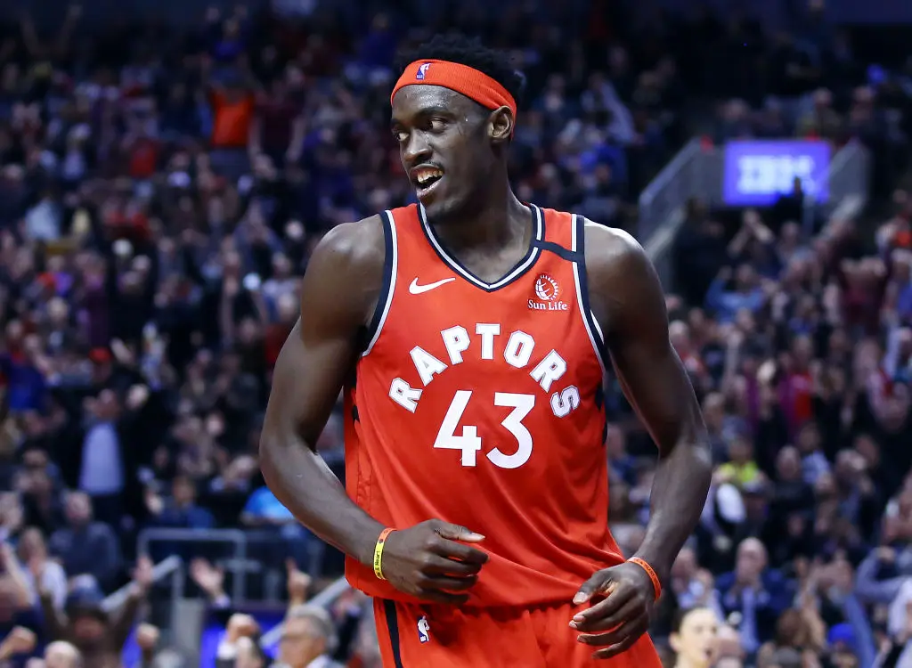 TORONTO, ON - FEBRUARY 10: Pascal Siakam #43 of the Toronto Raptors reacts after sinking a basket during the second half of an NBA game against the Minnesota Timberwolves at Scotiabank Arena on February 10, 2020 in Toronto, Canada